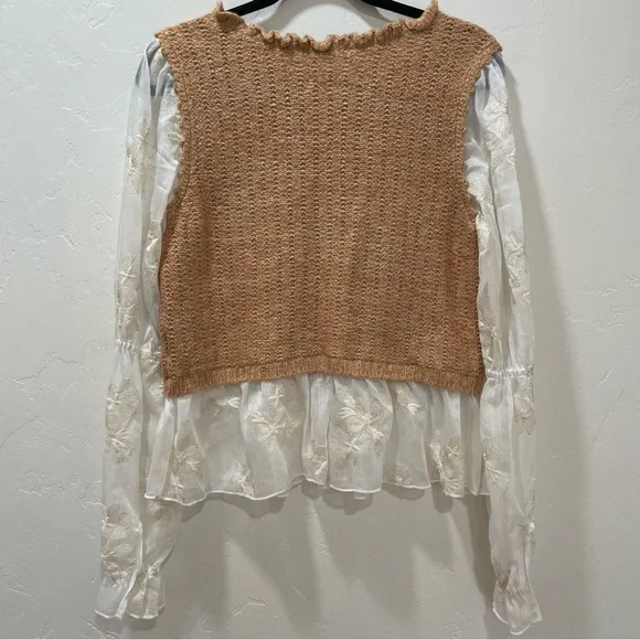 Anthropologie Layered Sweater Vest Blouse Tan White Sheer Floral Women's Medium - Picture 10 of 16